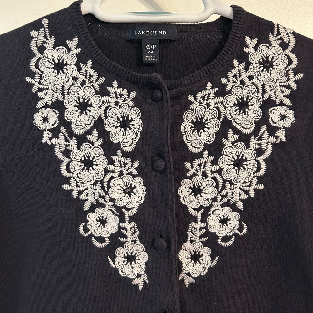 Lands' End Women’s Navy Cardigan Sweater with White Floral Embroidery Size XS